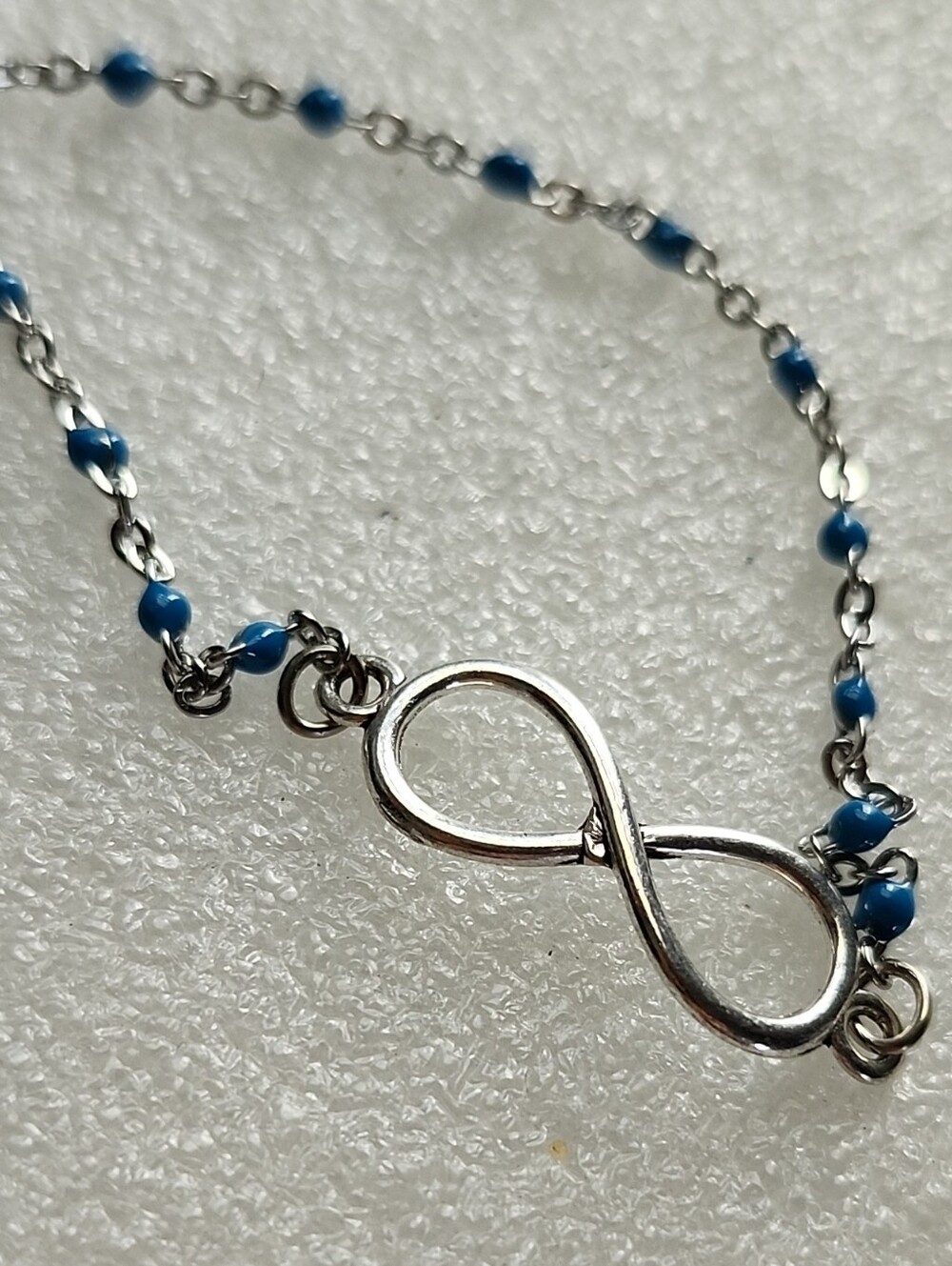 Hand Crafted Silver Infinity Bracelet / Anklet with Blue Beads